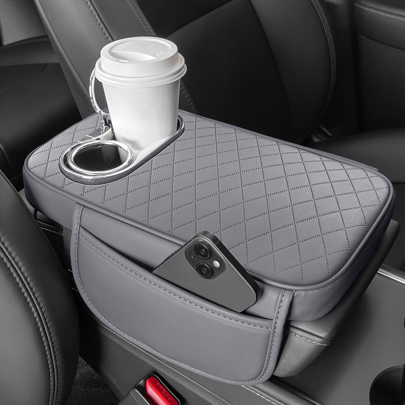 Universal Car Center Console Pad with Cup Holders and Pockets Leather