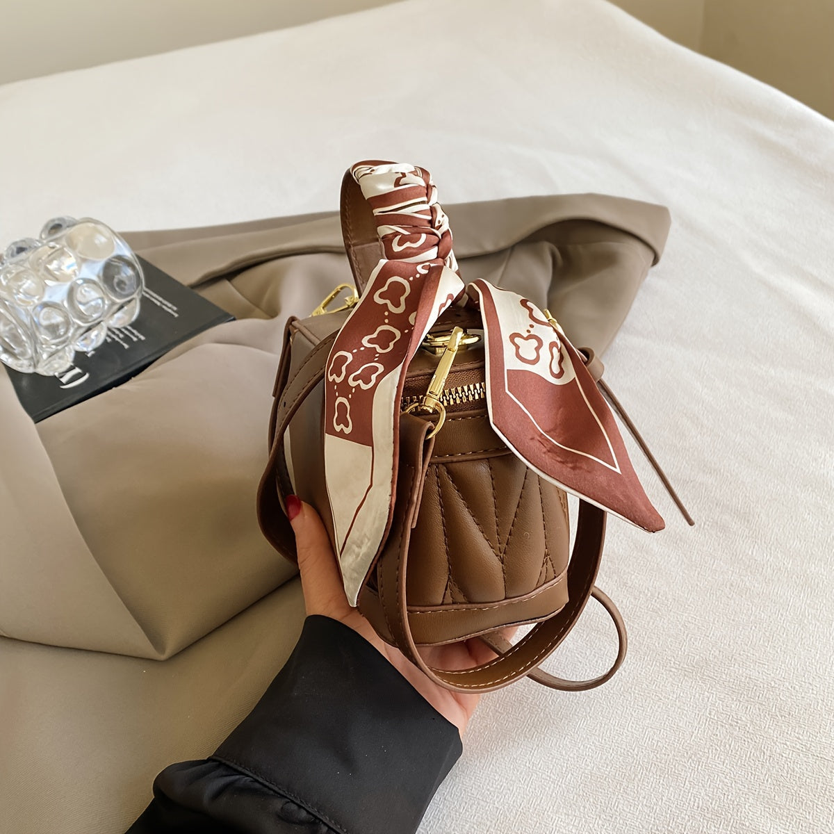 Quilted Box Handbag for Women with Contrast Crossbody Strap Black Coffee PU Embroidered Pattern