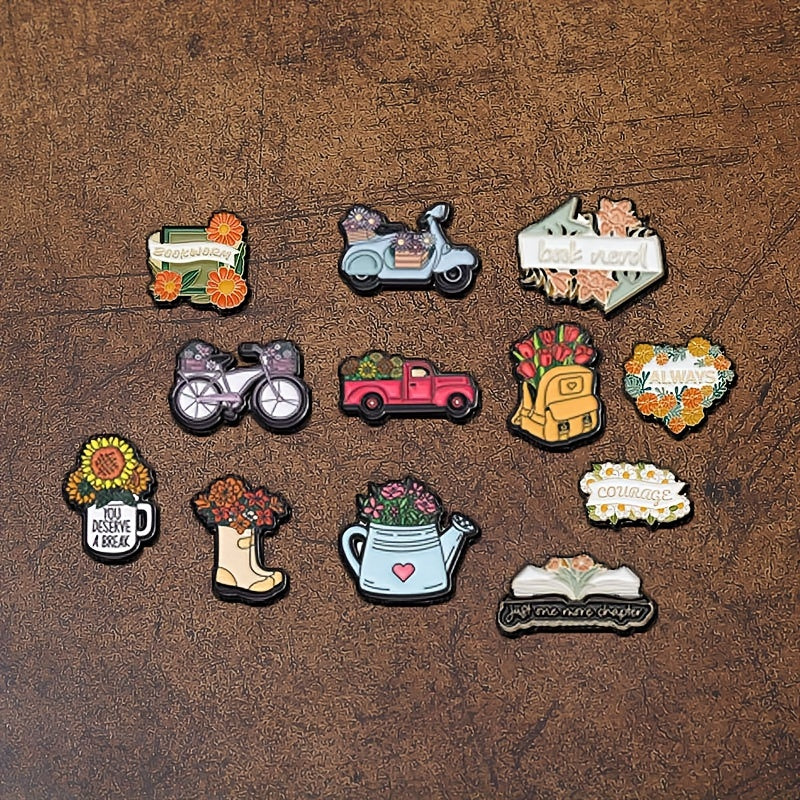 Set of 12 Floral and Green Plant Enamel Lapel Pins for Jackets and Bags