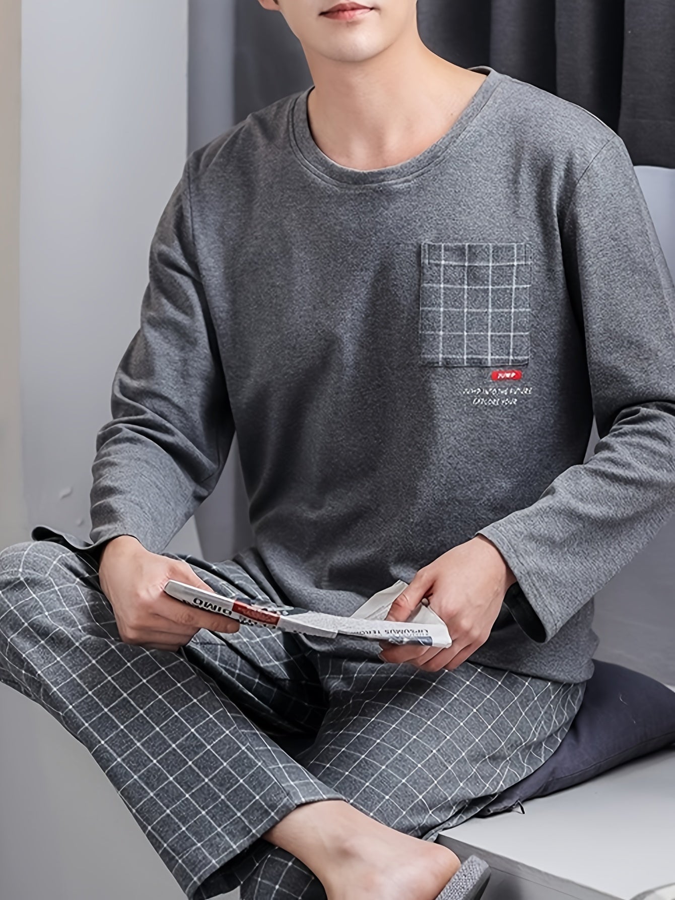 Men's Long Sleeve Pajama Set Geometric Pattern Polyester Blend Casual Spring Fall