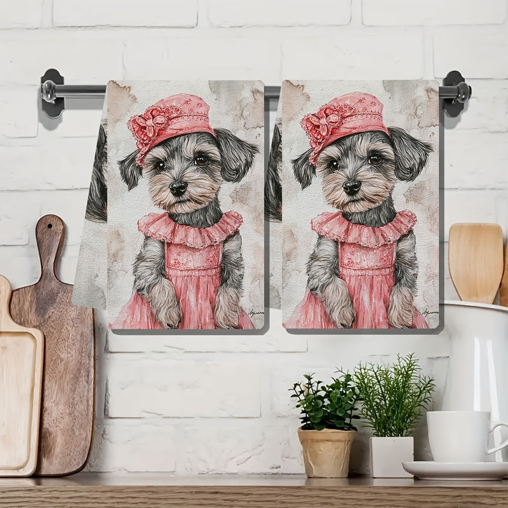 Set Of 2 Ultra-Soft Kitchen Towels With Schnauzer Puppy Design 40x60cm