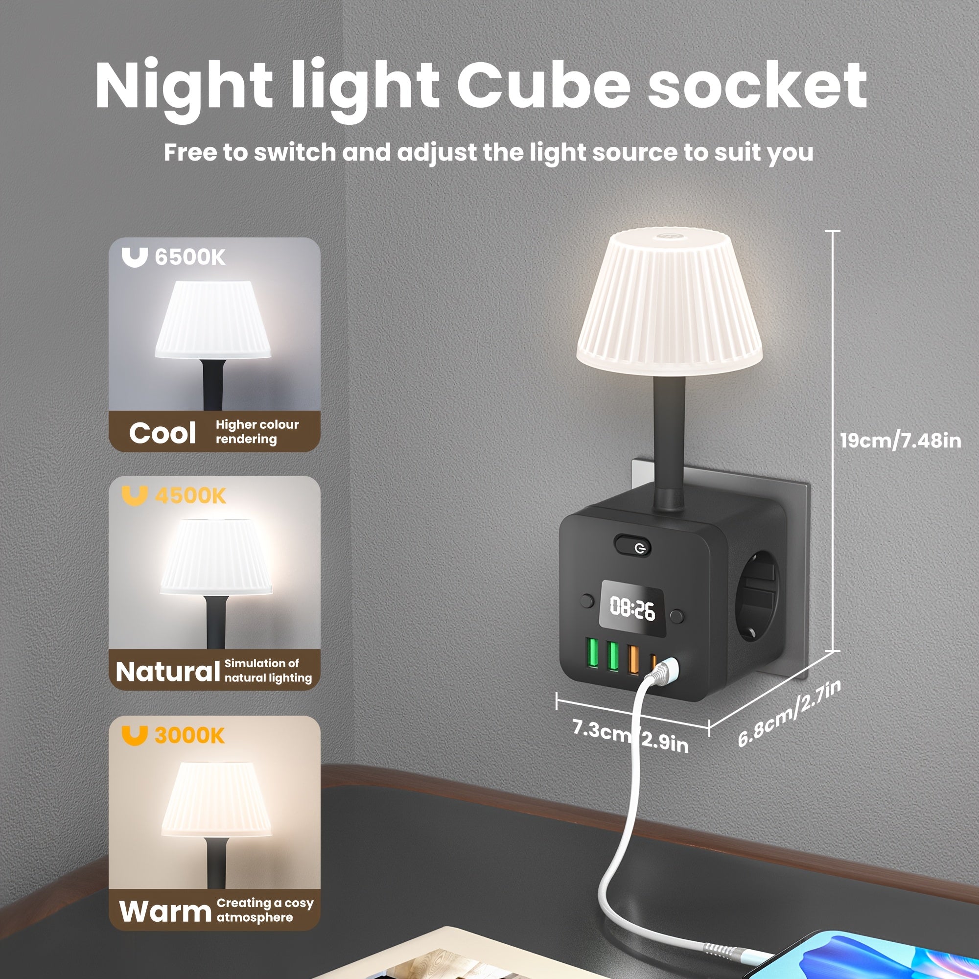 Smart Wall Outlet Power Strip with Desk Lamp 4-Sided Surge Protection USB-C AC