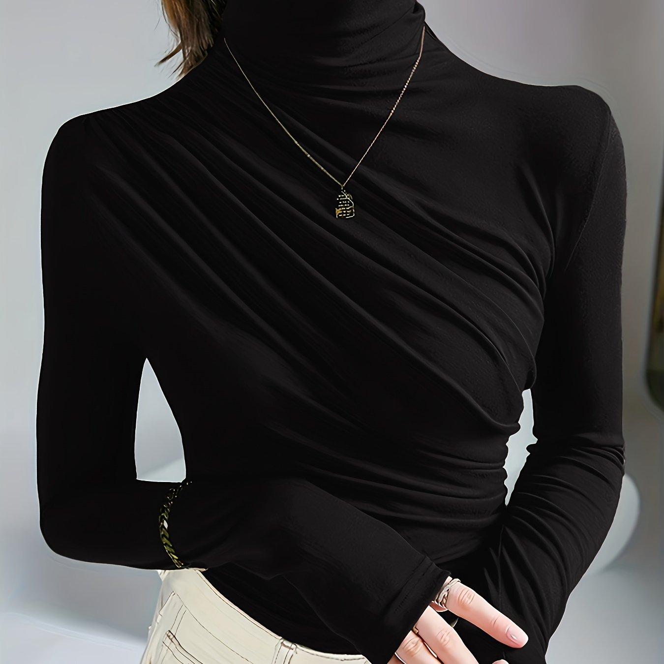 Women's Dark Brown Ruching Mock Neck Blouse with Long Sleeves and Micro Elasticity