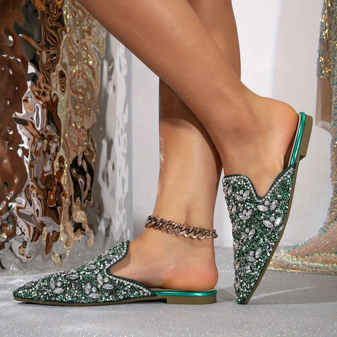 Women's Green Water Crystal Embellished Slip-On Flats Shoes