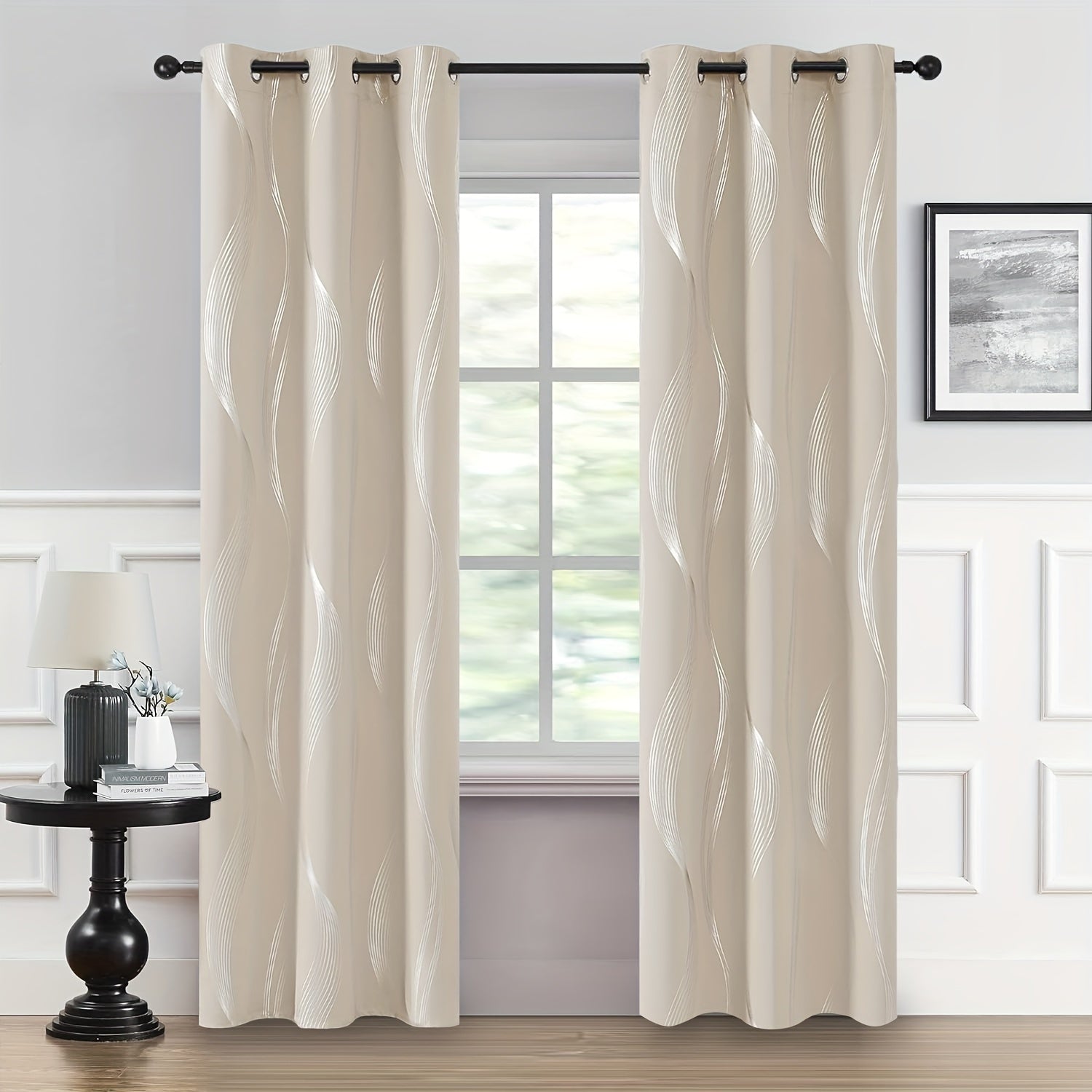 Contemporary Blackout Curtains 2 Pieces Woven Polyester Grommet Top Room Darkening