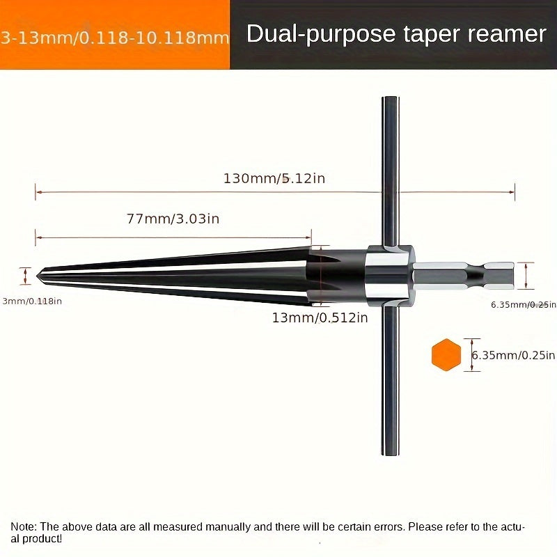 Tapered Hex Reamer Hand Tool for Taper Holes, Chamfering, Sinking Screws