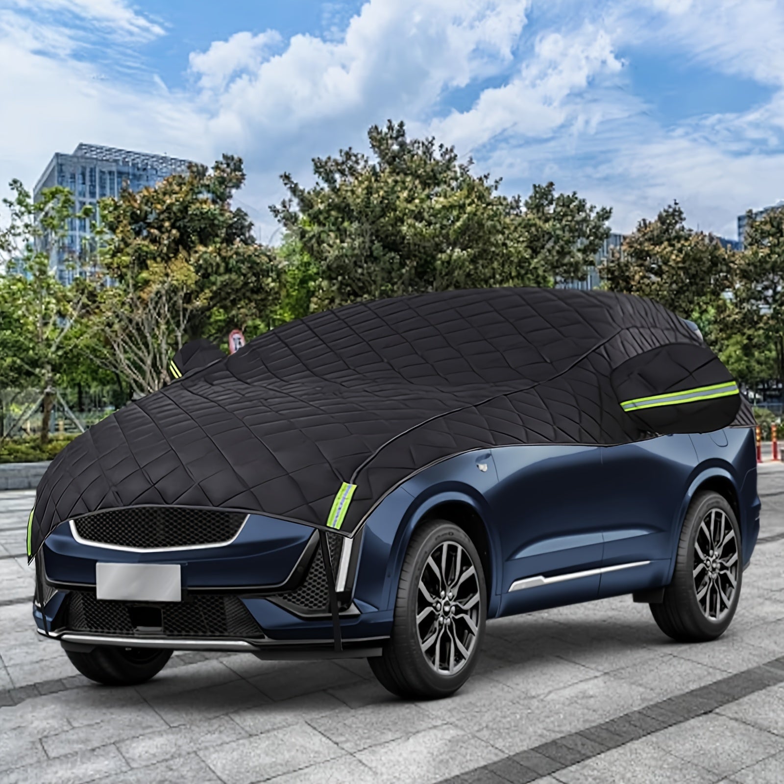 Quilted Hail Protector Car Cover for Most Vehicles Black Green Plush Material