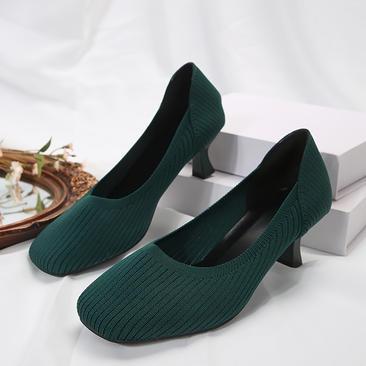 Women's Knitted Slip-On Mid Heels Solid Color Comfortable Work Shoes