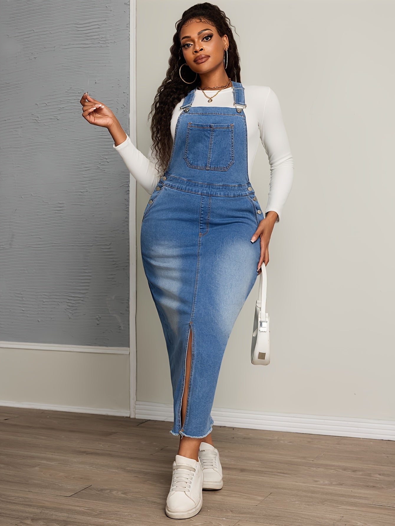 Women's Plus Size Denim Overall Dress with Frayed Hem Casual Autumn Wear