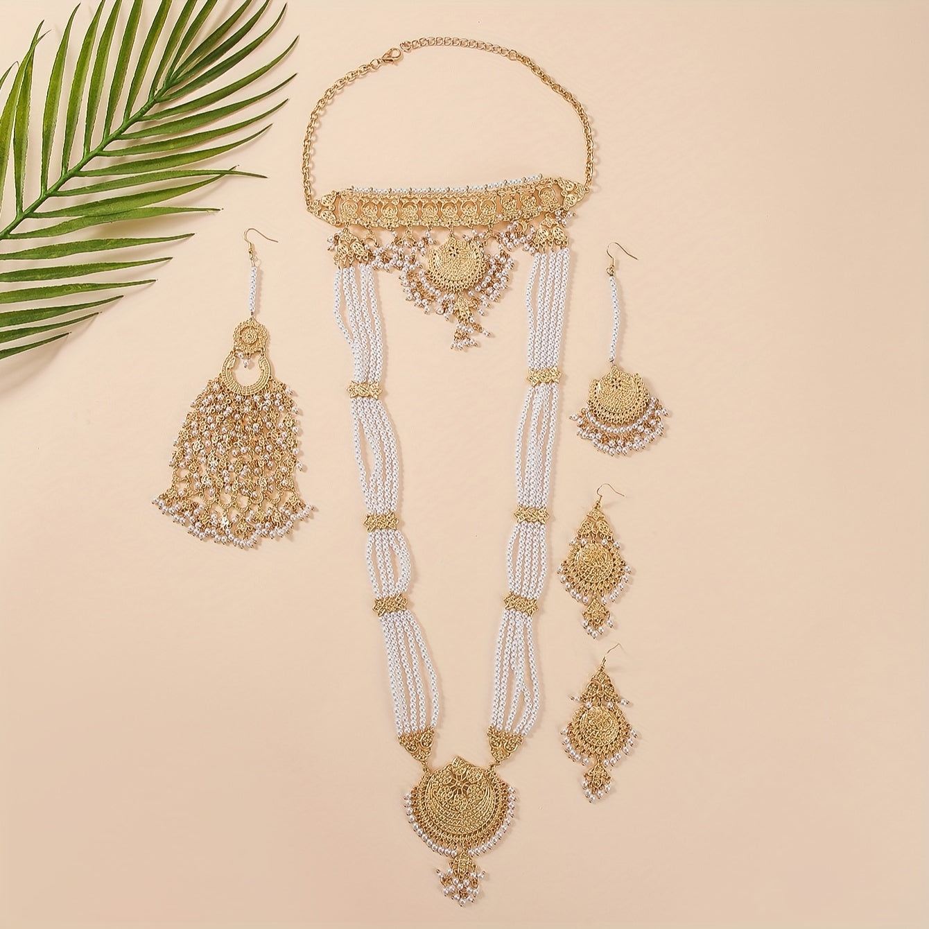 Elegant 5-Piece Pearl and Tassel Jewelry Set for Women with Earrings and Headpiece