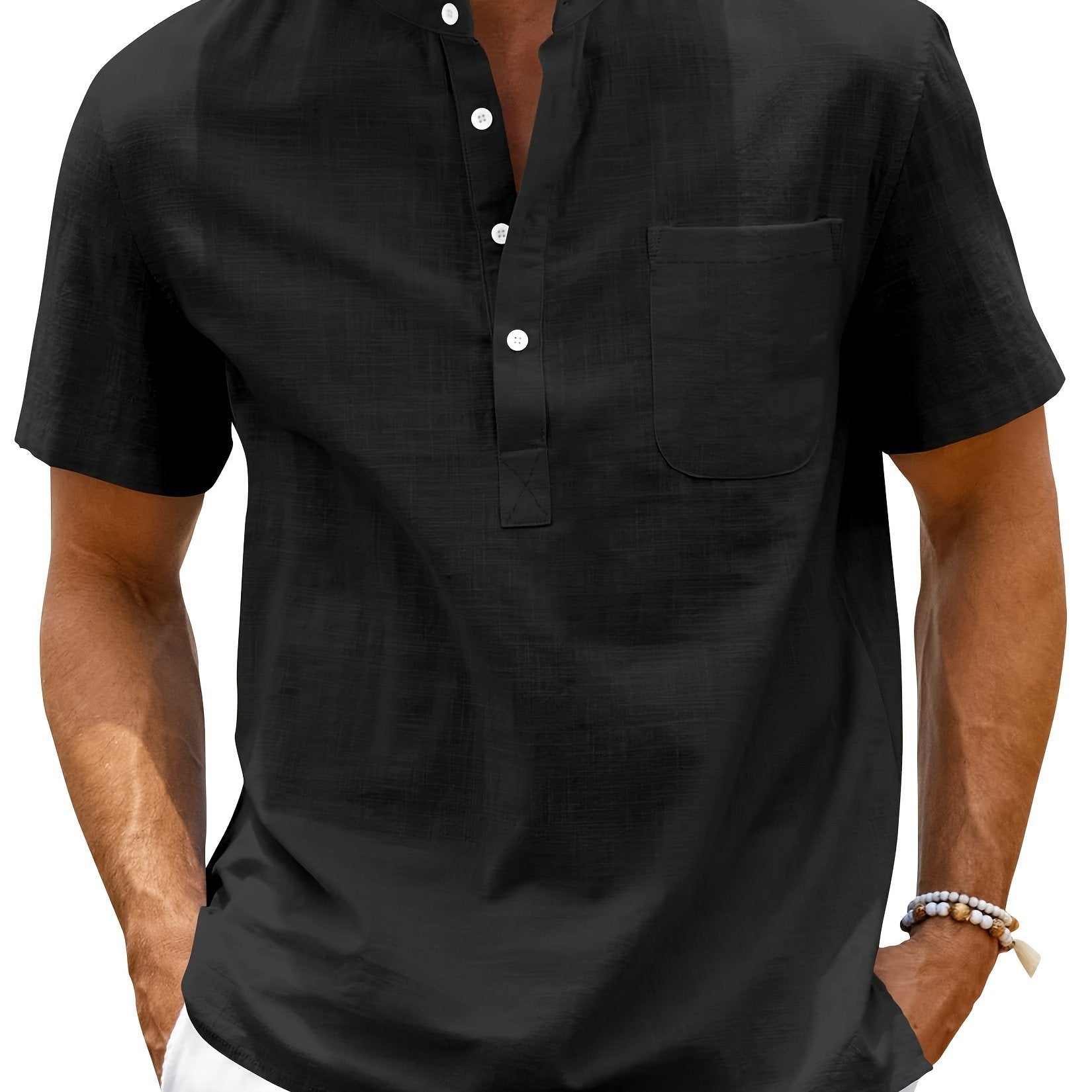 Men's Cotton Blend Short Sleeve Shirt with Stand Collar Pocket Solid Plus Size