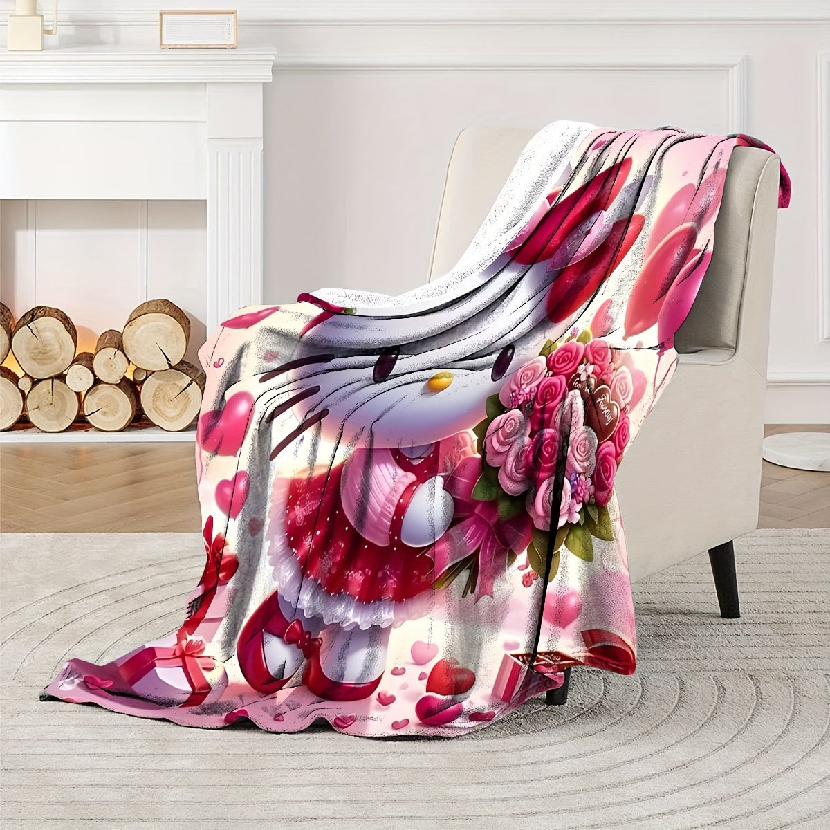 Kids Flannel Throw Blanket with Hello Kitty Digital Print Soft Plush Polyester All-Season Cozy Bed Sofa Use