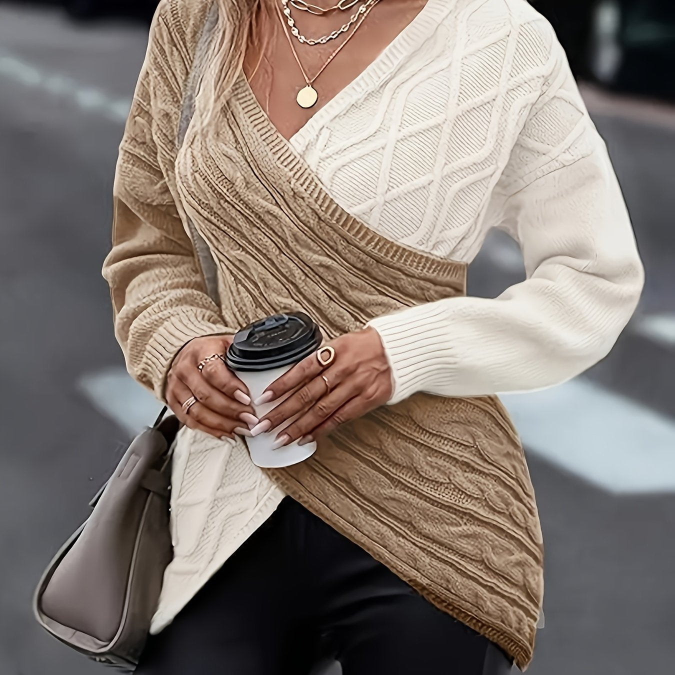 Women's Plus Size Colorblock V-Neck Sweater Long Sleeve Fall Winter