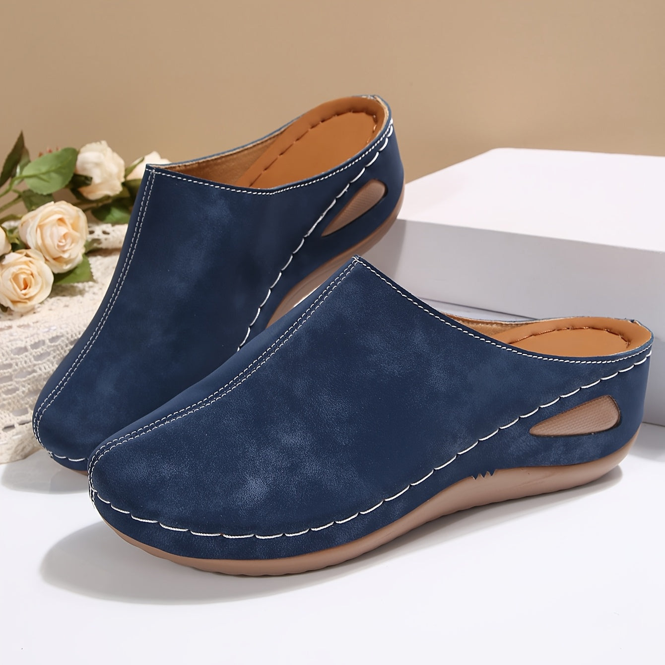 Women's Navy Blue PU Slip-On Flats Non-Slip Cushioned Insole All-Season
