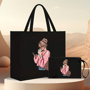 Women's Black Faux Leather Tote Bag Set with Coin Purse and Girl Print
