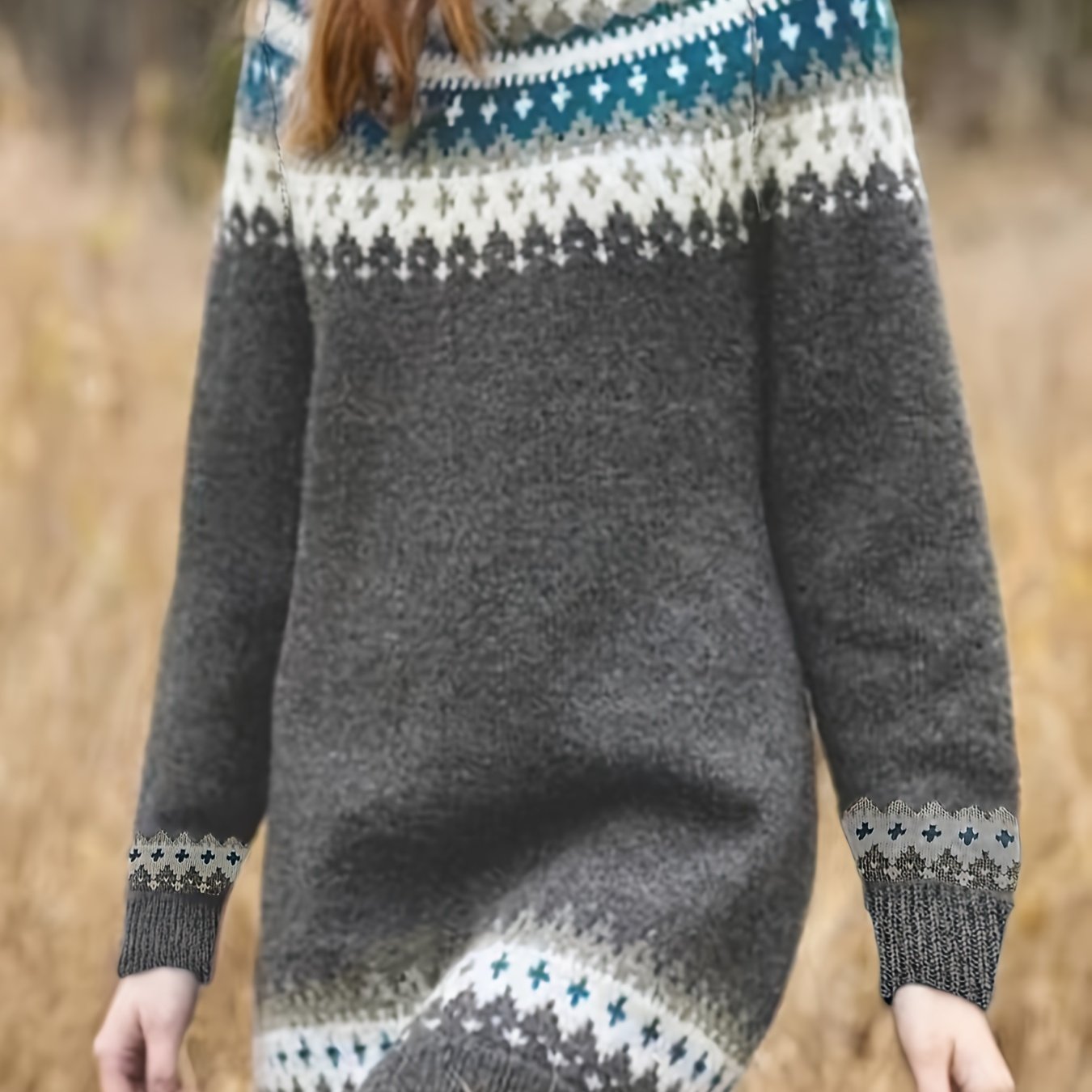 Suéter de punto con cable geométrico para mujer talla grande de manga larga y cálido para invierno