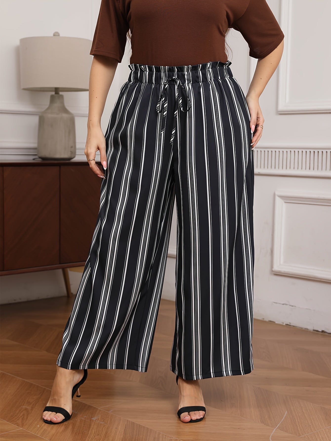 Plus Size Women's Wide Leg Lounge Pants Black White Striped Non-Stretch Adjustable Waist