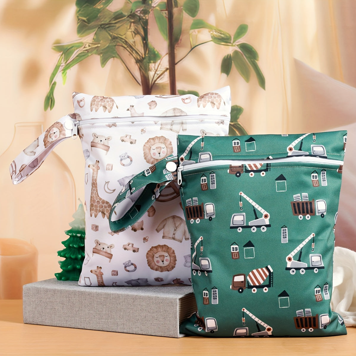 Set of 2 Waterproof Reusable Diaper Bags for Mothers with Zipper Closure