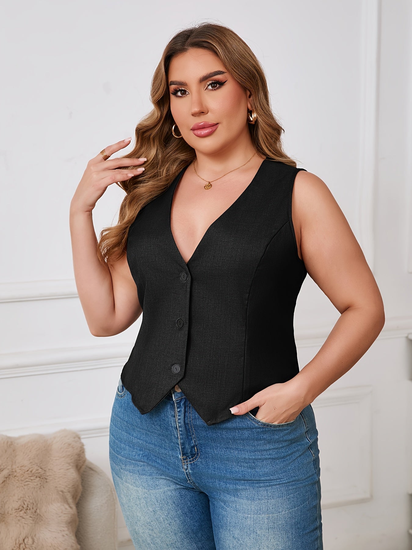 Women's Plus Size Black V-Neck Vest Sleeveless Polyester Spring Fall