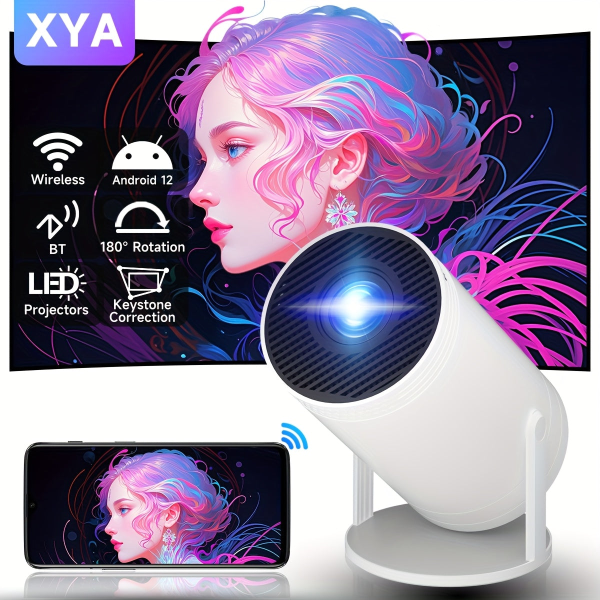 Portable Android 12 Wireless Projector 1080P Support 130ANSI Keystone