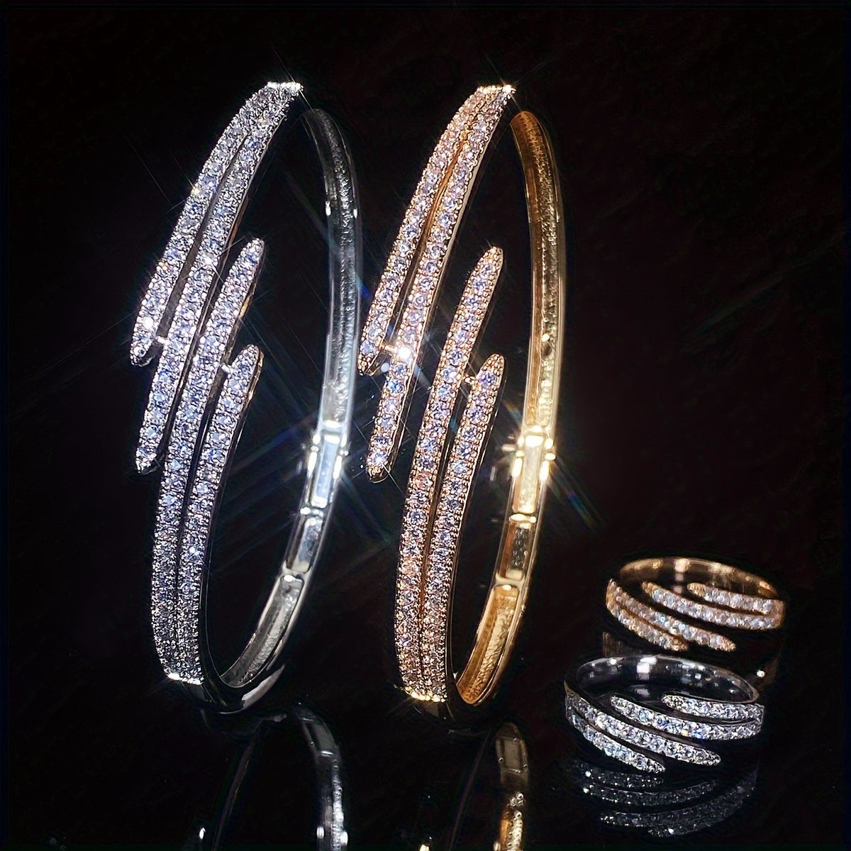 Women's Bracelet Ring Set with Hollow Double-Row Micro-Set Zirconia Claw Chain