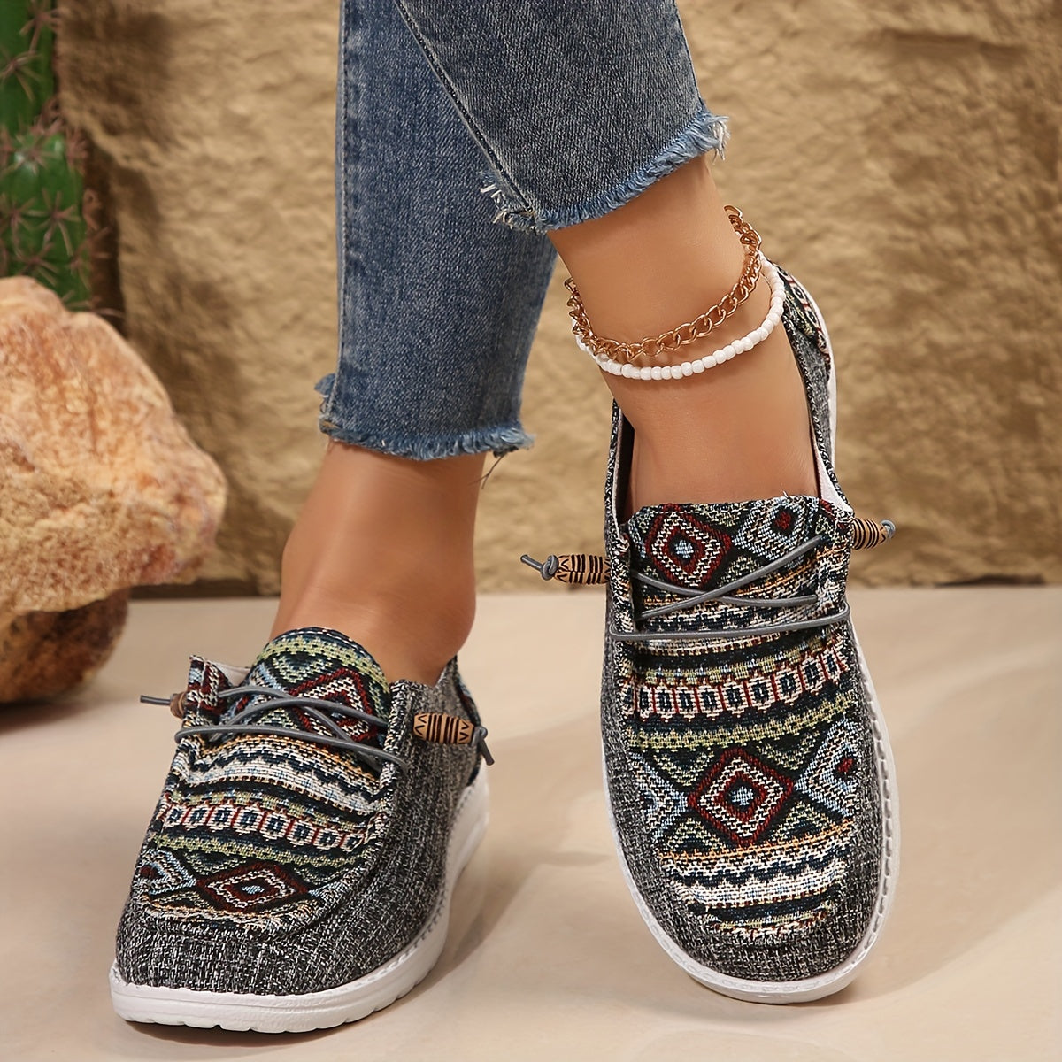 Women All-Season Flat Shoes Geometric Pattern EVA Sole Fabric Upper