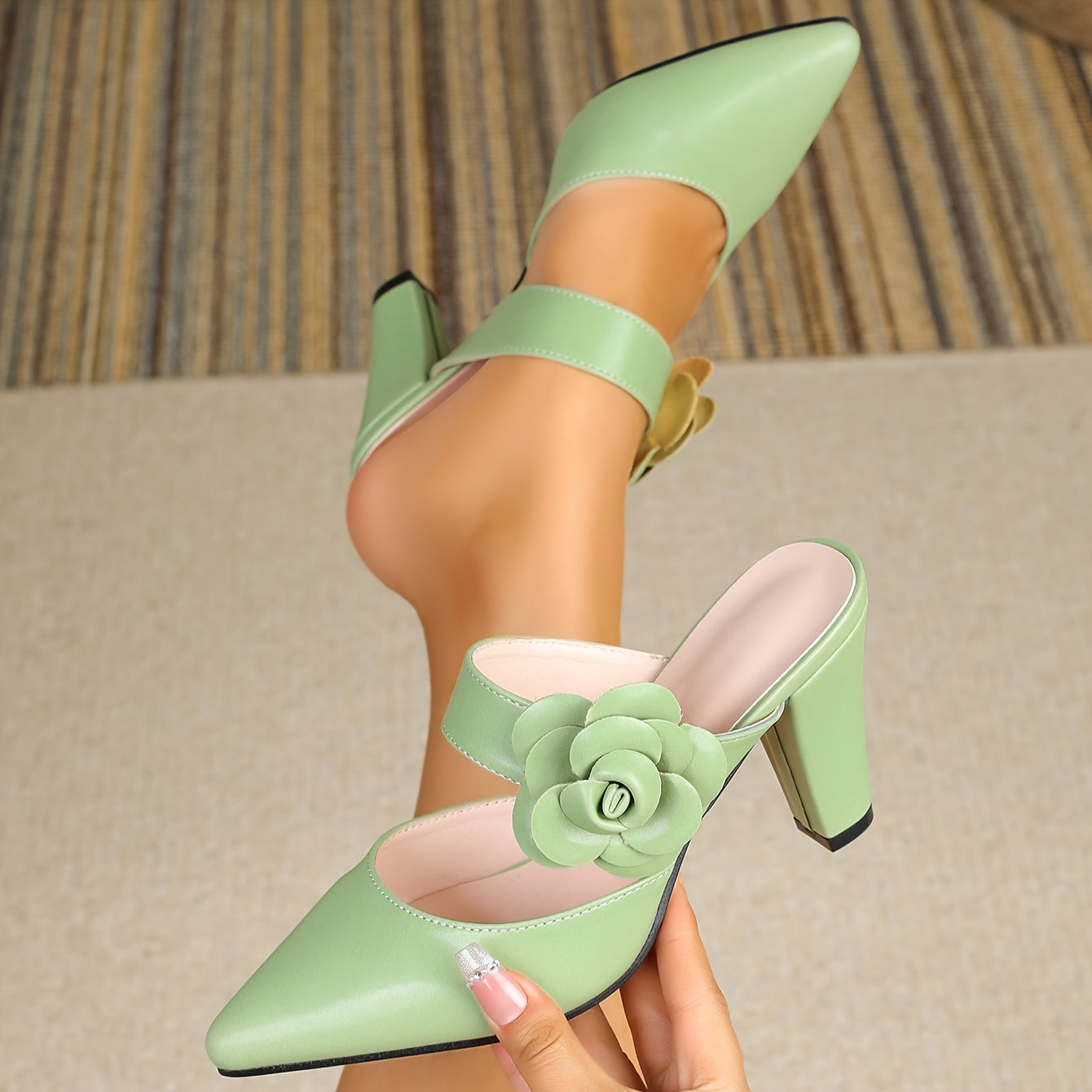 Women's Mint Green Pointed-Toe Block Heel Pumps with Floral Bow