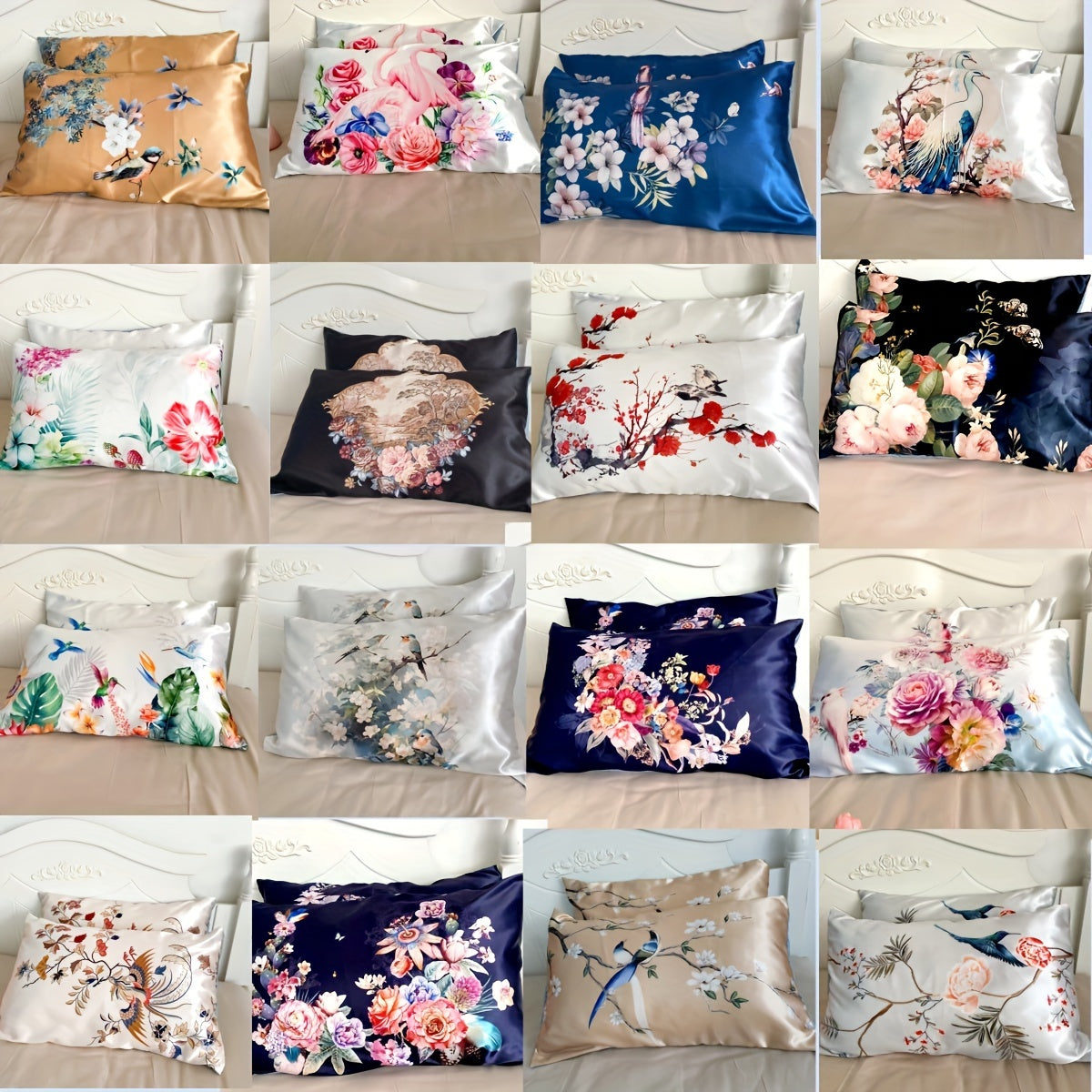 Set of 2 Satin Pillowcases with Floral Bird Patterns Reversible Envelope Closure