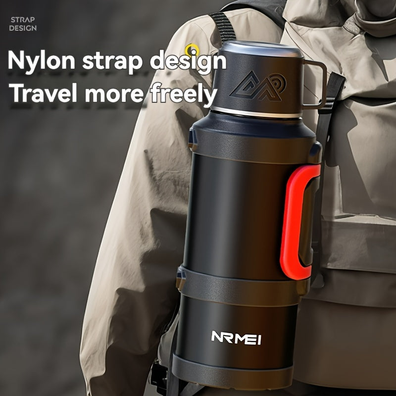 NRMEI izolyatsiyalangan zanglamas po'latdan yasalgan suv shishasi - 2000ML, Nilon tasma dizayni bilan, sayohat va ochiq havoda foydalanish uchun ideal, BPA-siz, bir marta bosish bilan ochiladigan, katta sig'imli, 14-fevral uchun mos.