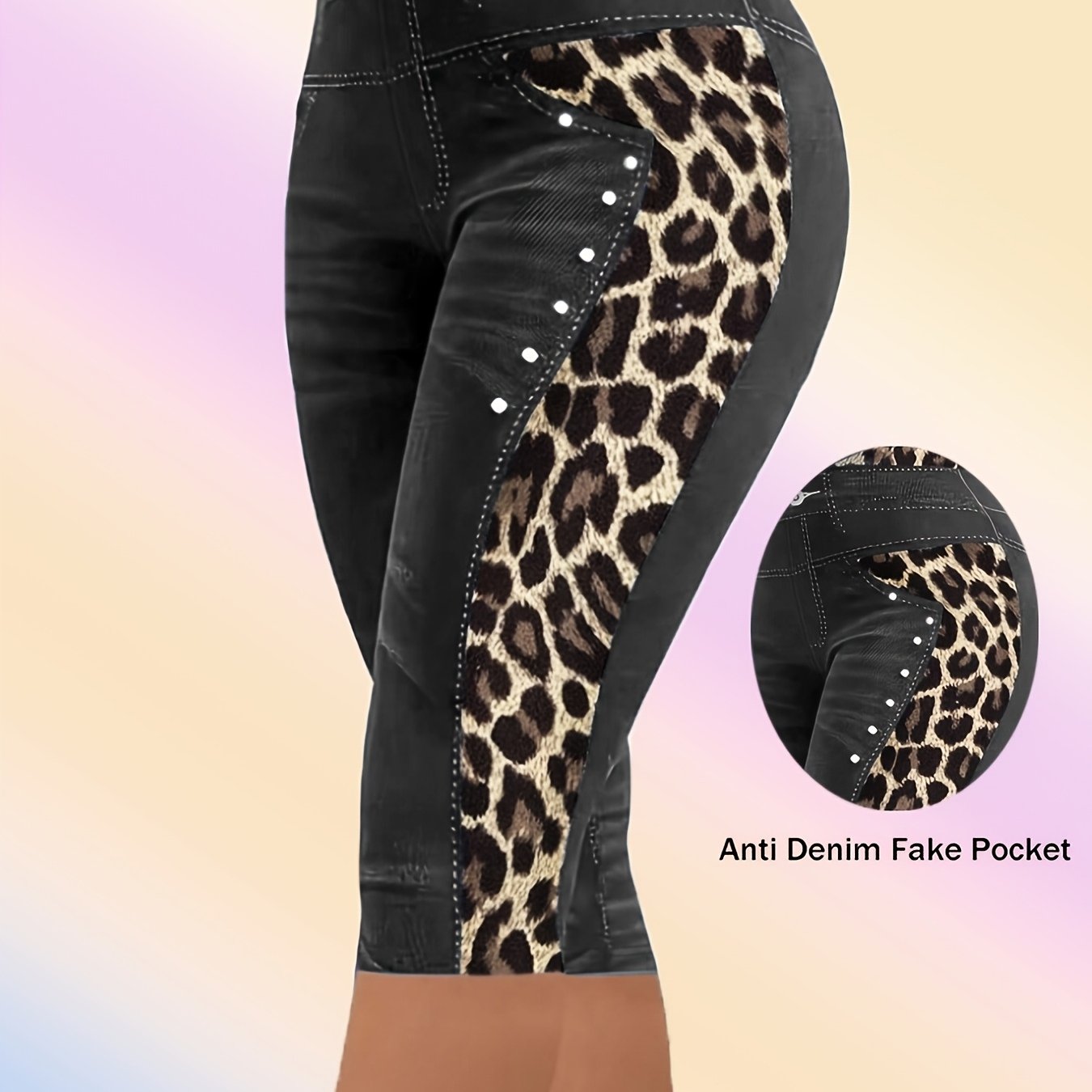 Plus Size Women's High-Stretch Imitation Denim Mid-Length Leggings with Leopard Print