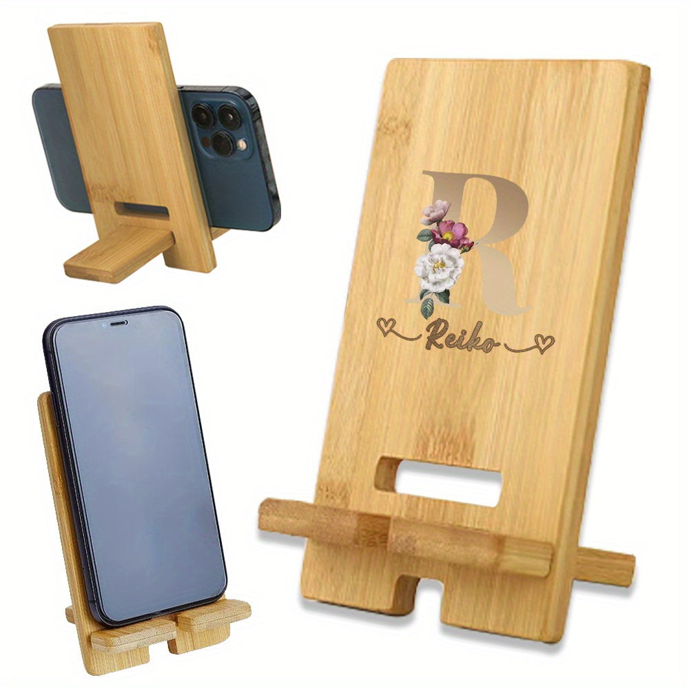 Customized Wooden Phone Stand with Detachable Desk Holder and Engraved Name in Light Brown Cork