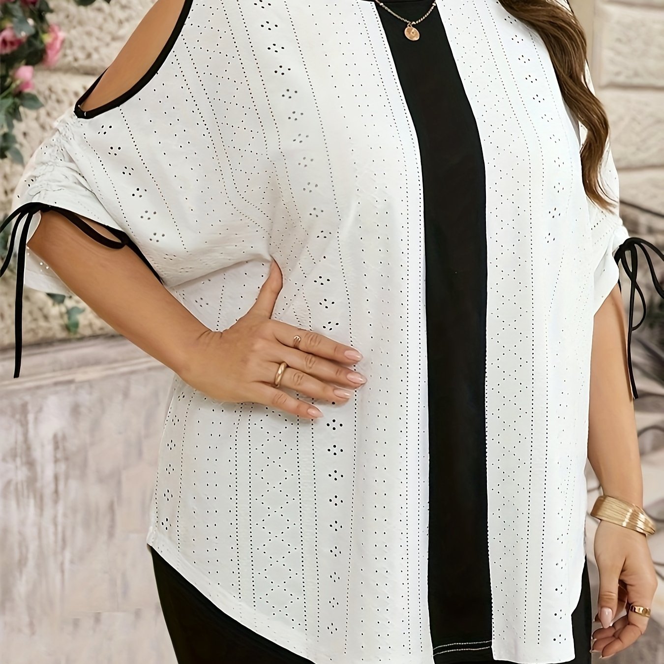 Plus Size Women's White Blouse with Black Drawstring Sleeves Polyester Spandex