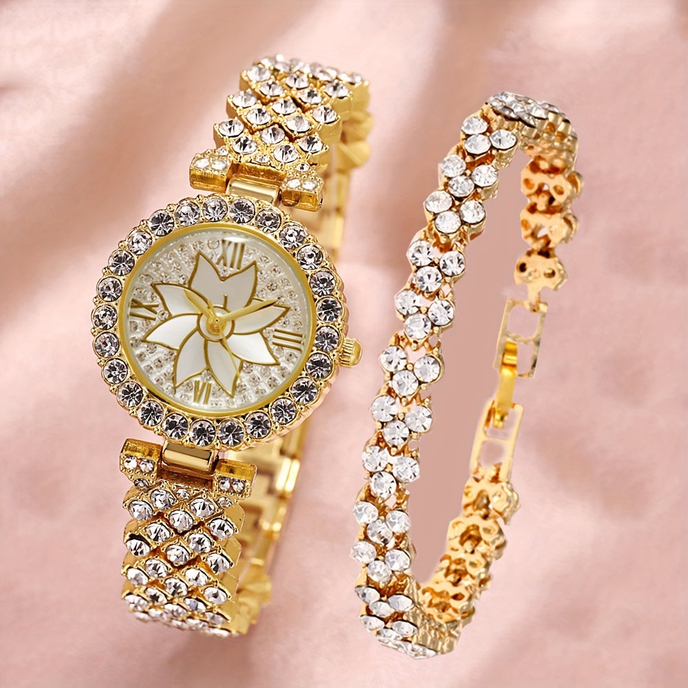Women's Wrist Watches Set with Rhinestones and Stainless Steel Bands