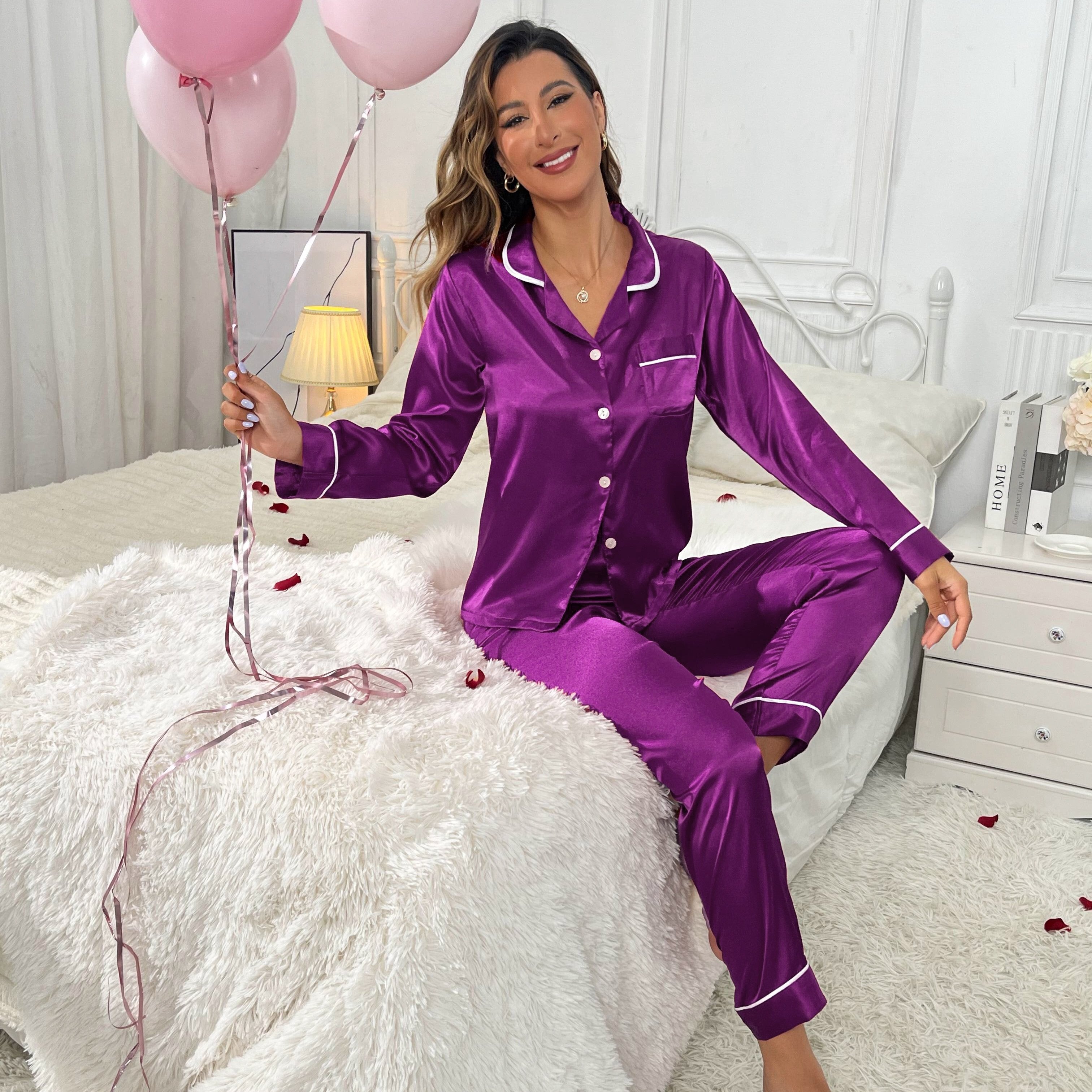 Women's Satin Pajama Set Solid Color Button-Up Top with Pocket and Elastic Waist Pants Sleepwear