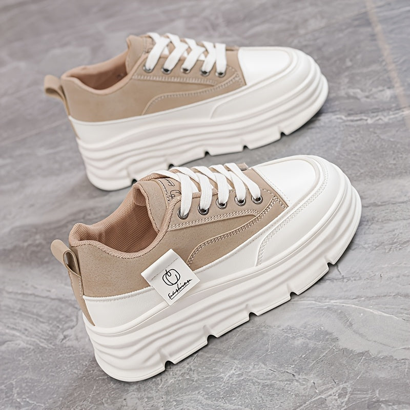 Women's Chunky Platform Sneakers Beige White Cushioned Sole Casual Shoes