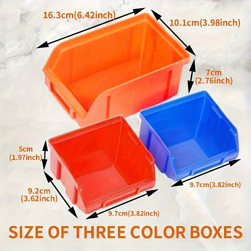 Wall-Mounted Storage Organizer with 30 Plastic Bins for Garage Tools in Blue Orange Red