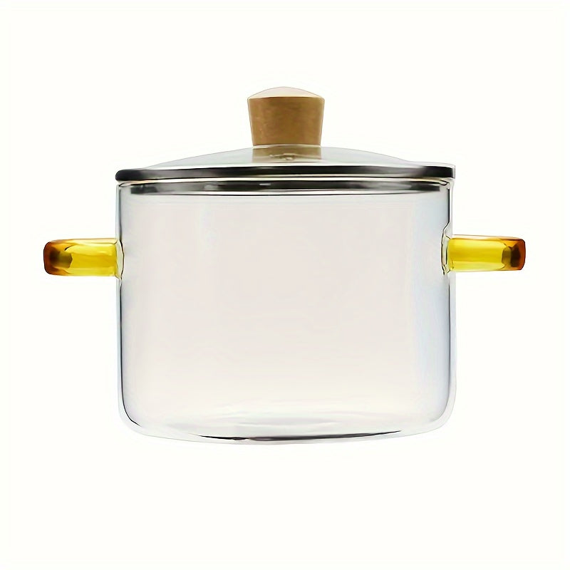 Borosilikat shisha sho‘rva qozoni 1.5L Sariq tutqichli, yuqori haroratga chidamli, qopqog‘ bilan