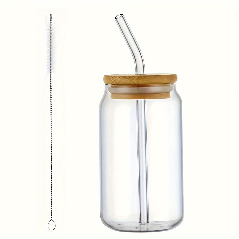 Set of 4 Borosilicate Glass Drinking Cups with Bamboo Lids and Glass Straws