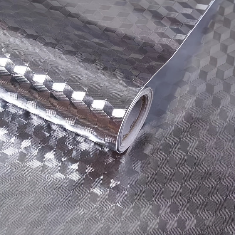 Waterproof Self-Adhesive Wallpaper for Kitchen and Room Decor Heat and Oil Resistant Silver Geometric Pattern