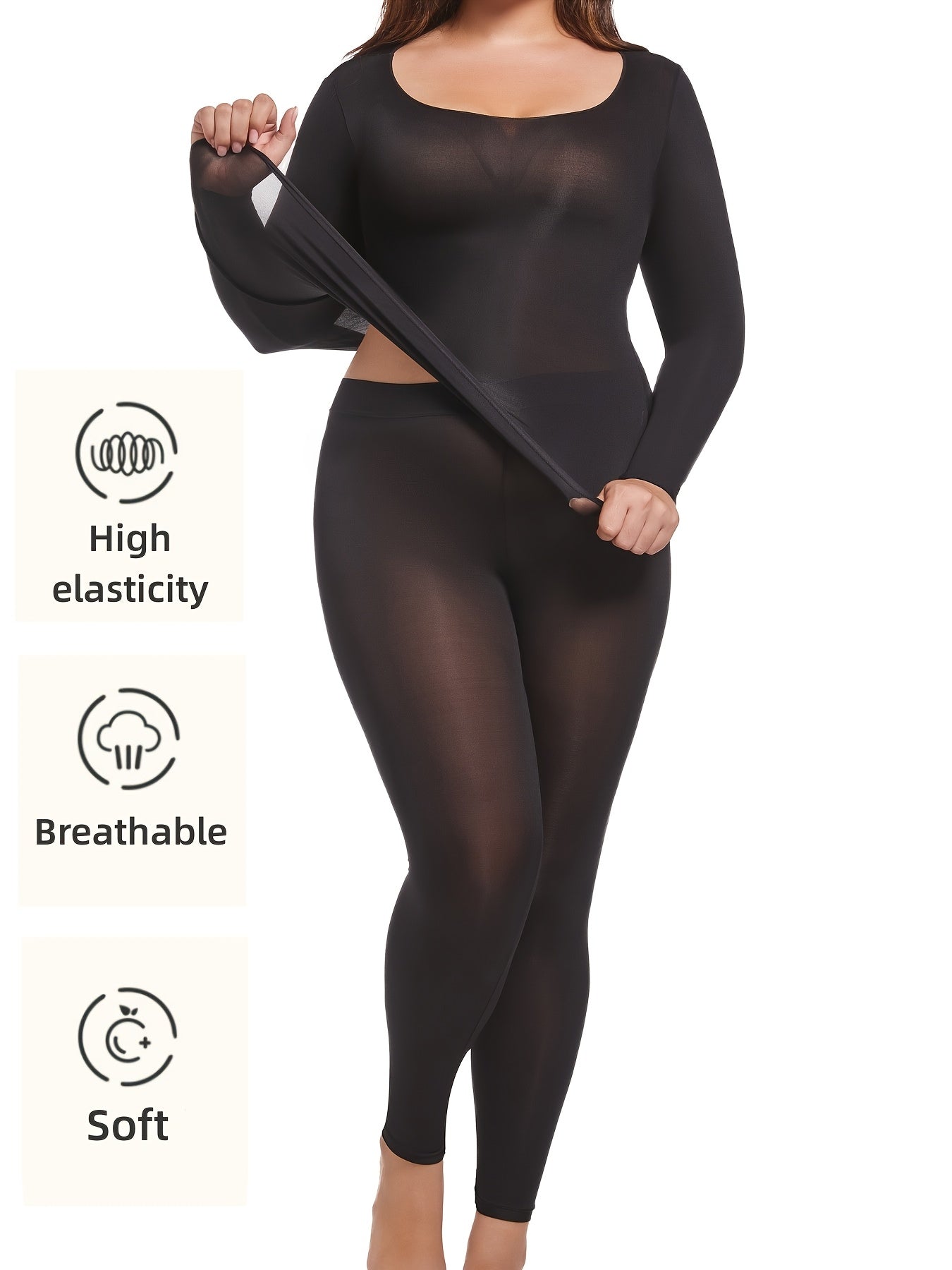 Plus Size Women Ultra-Thin Elastic Face Mask Base Layer Light Beige Underwear Set