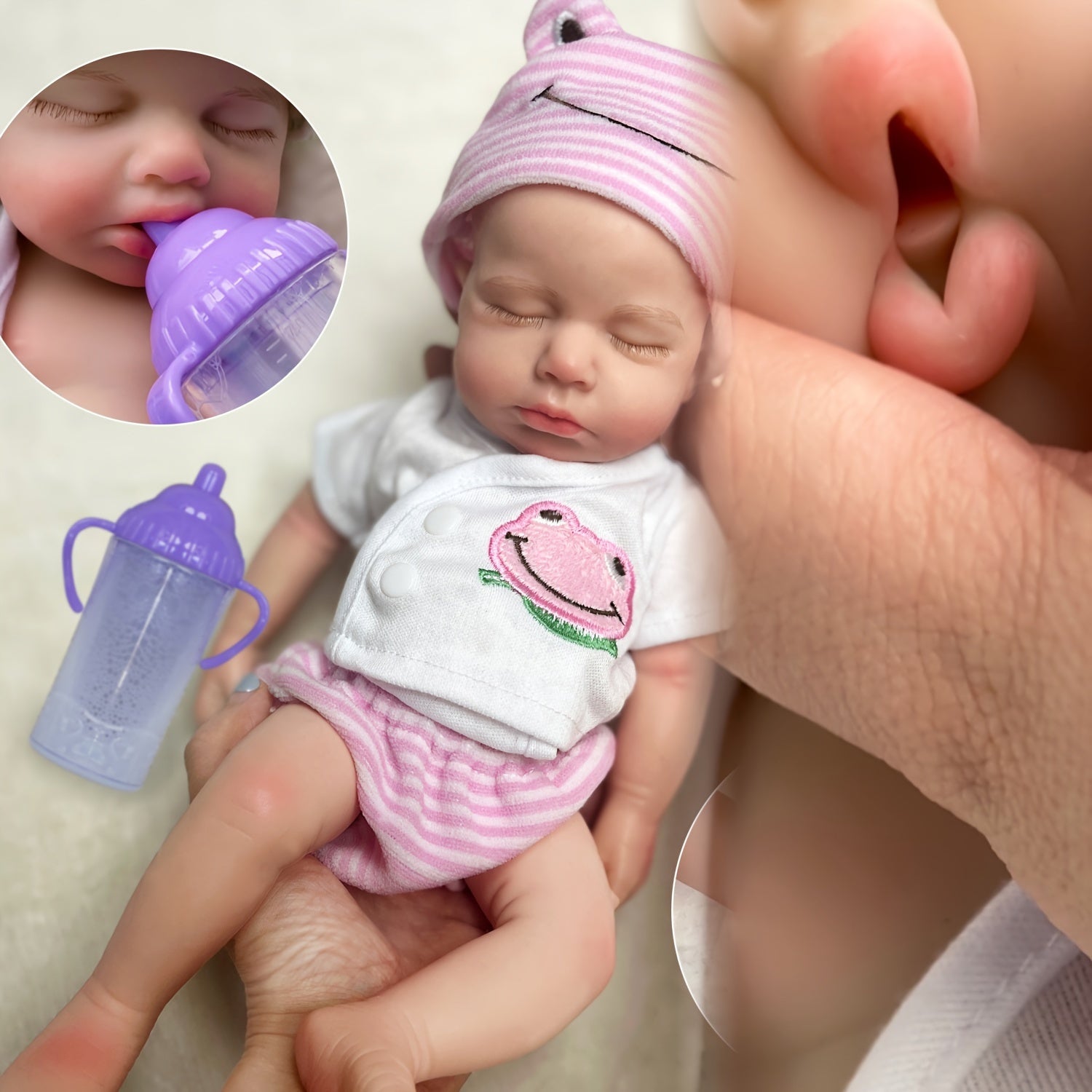 Reborn Doll 33cm Silicone Waterproof Openable Mouth Feeding Accessory Pink Outfit for Kids