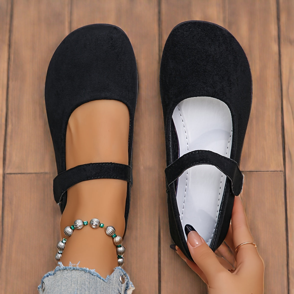 Zapatos planos retro con forro falso para mujer, con cierre de gancho y bucle