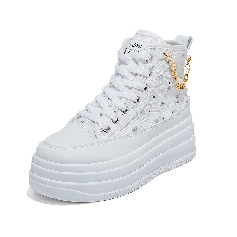 Women's High-Top Sneakers - Black White Blue with Gold Chain Casual Shoes