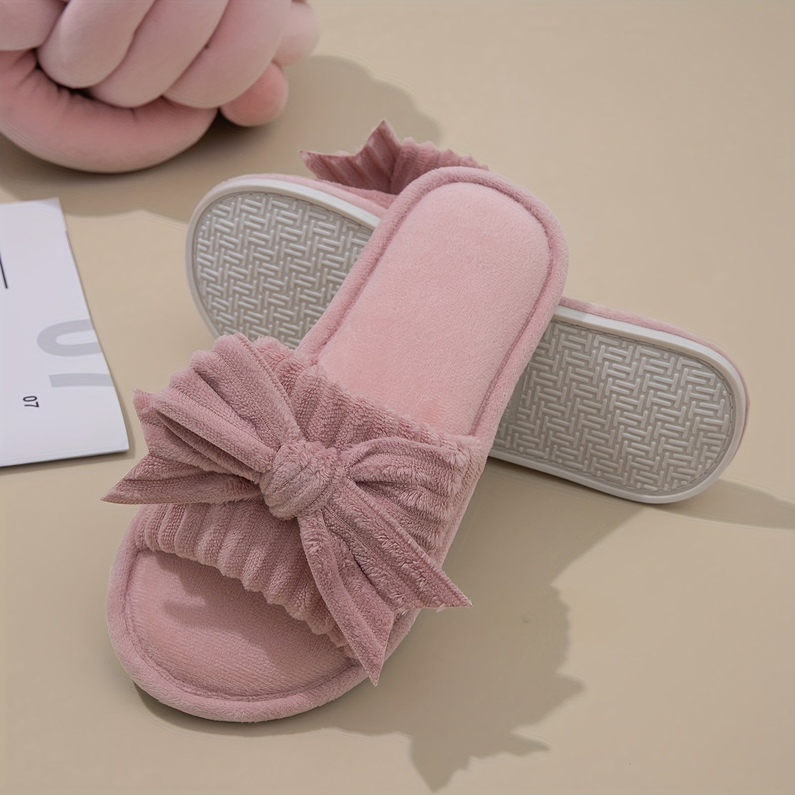 Women's Solid Color Bowknot Plush Slippers Open Toe Indoor Shoes