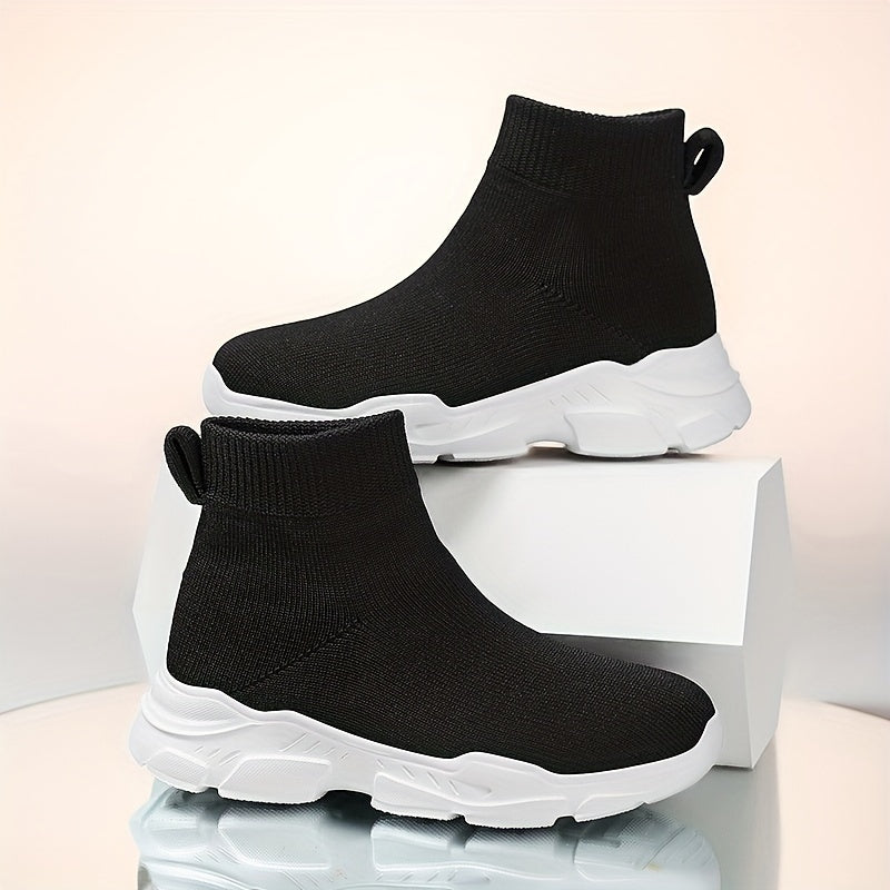Women's Slip-On High-Top Sneakers Breathable Knit Black White Sole