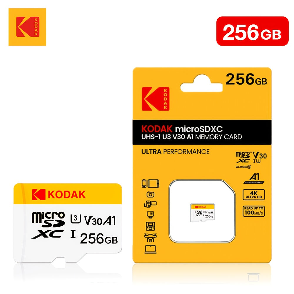 Kodak mikro TF kartalari turli qurilmalarda 4K HD video uchun yuqori tezlikda, Class 10 U3 ishlashini taklif etadi.