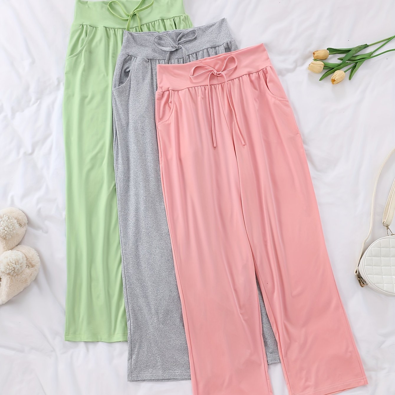 Women's Cozy Pajama Pants 3-Pack Polyester Elastane Black Gray Brown