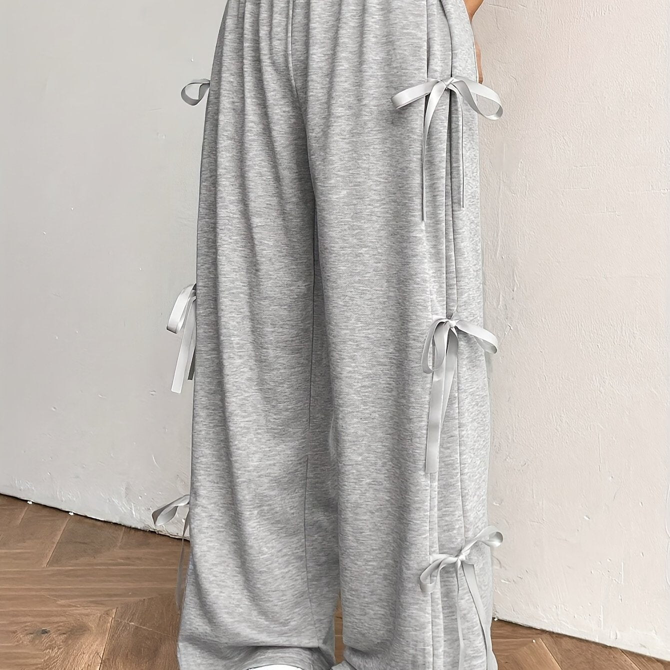 Y2K uslubidagi ayollar uchun poliester keng oyoq shimlar, bog'ich detali, bir xil rang, bahor/kovak uchun tasodifiy sport shimlar