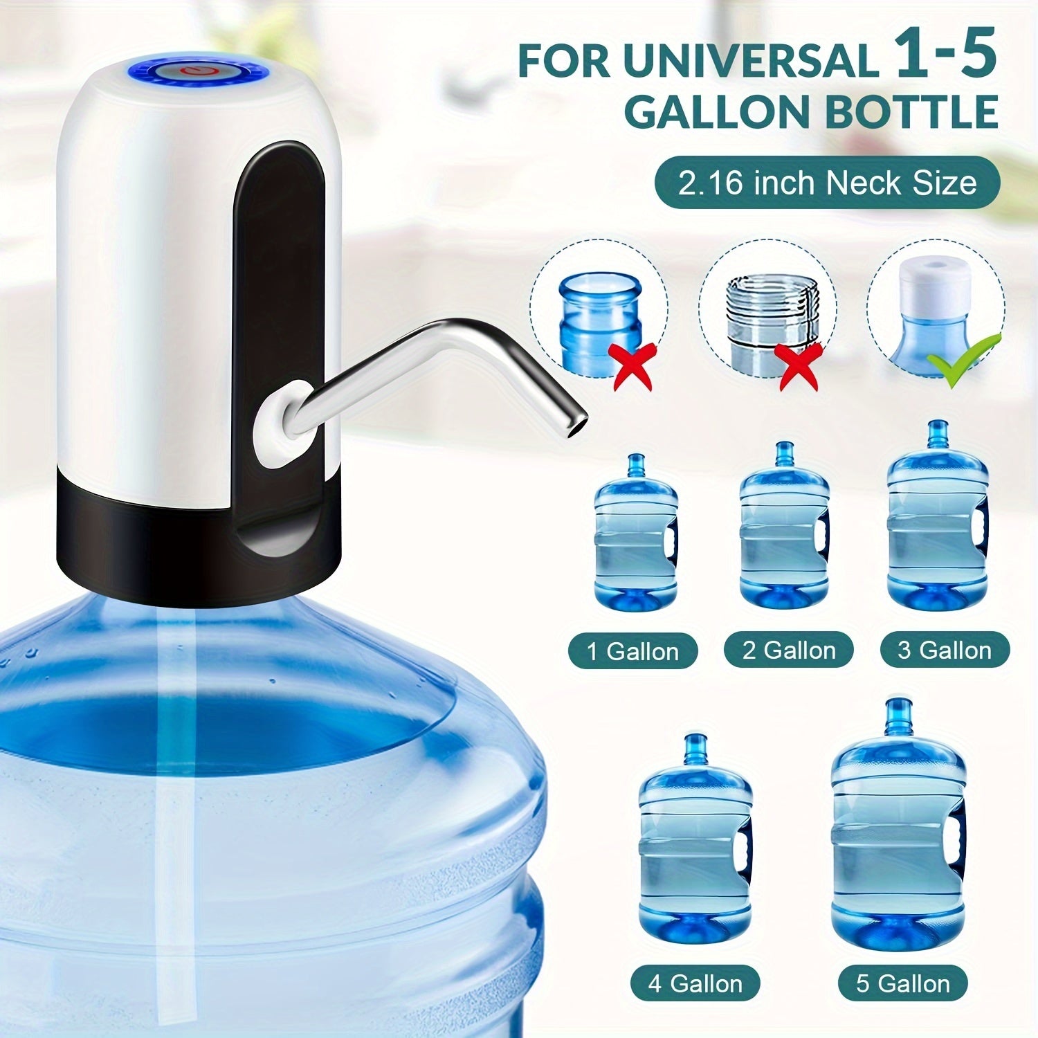 USB Rechargeable Electric Water Pump for 11.36-18.93 L Bottles Portable Automatic Drinking Dispenser