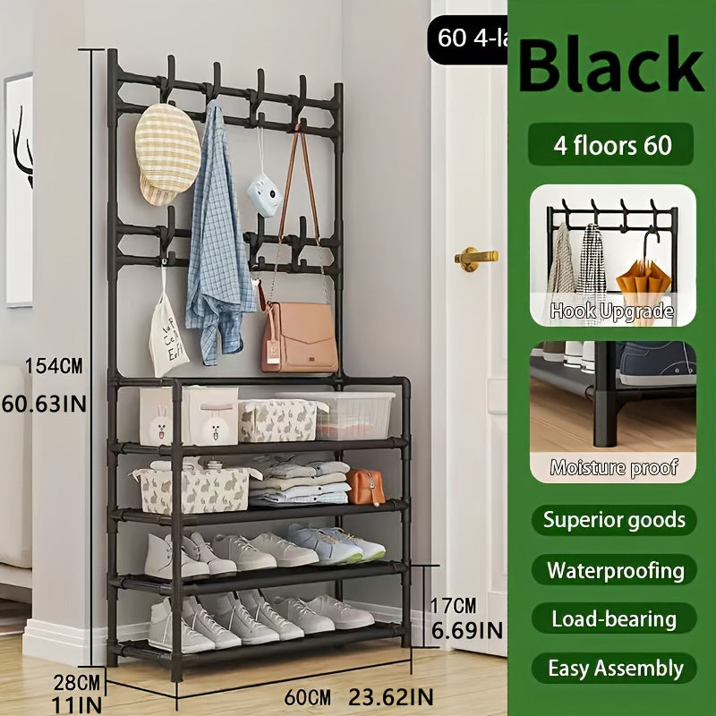 Metal Entryway Storage Rack with Shoe Shelves Hooks and Coat Stand in White or Black